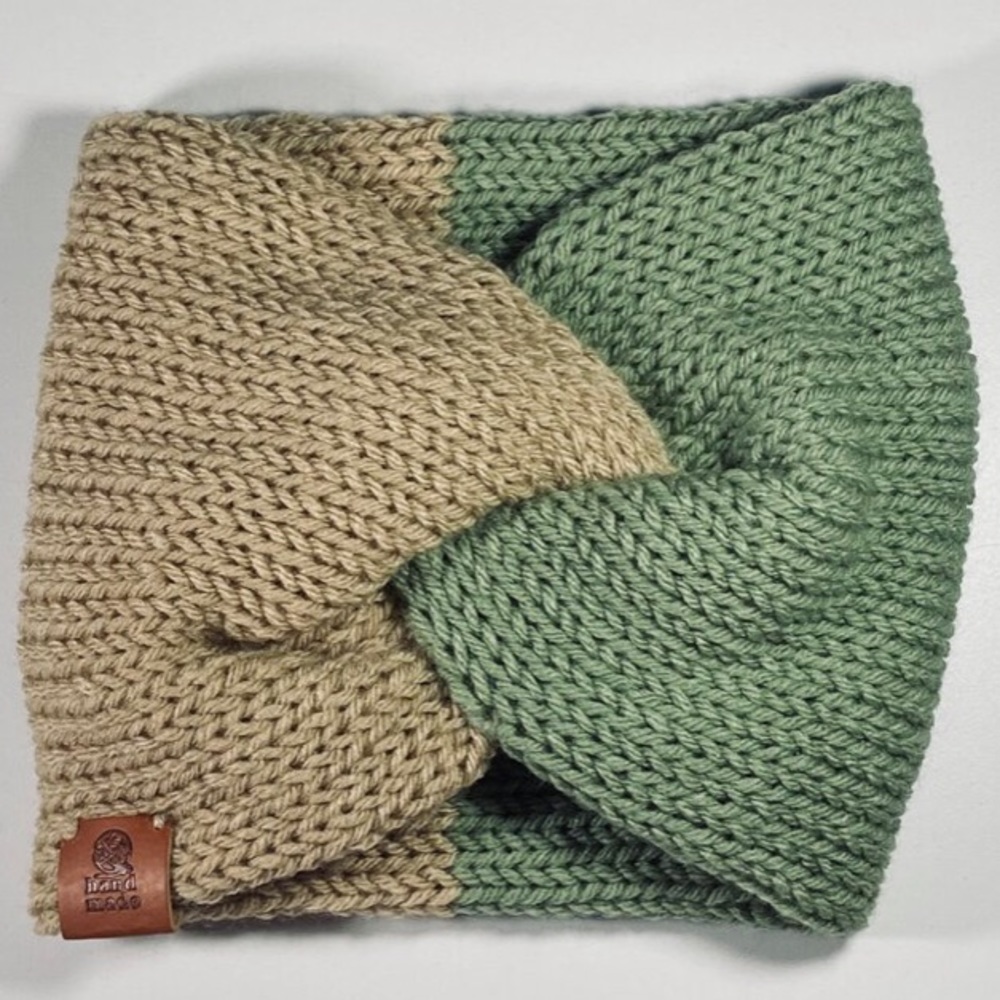 Homemade sage green and tan twist headband